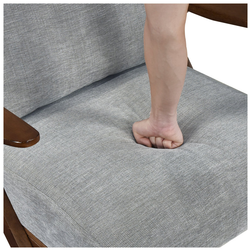 Fauteuil d'appoint moderne du milieu du siècle avec structure en bois d'hévéa massif, revêtement en chenille grise et finition marron