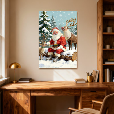 Christmas Santa Claus With Reindeer In Snowy Forest