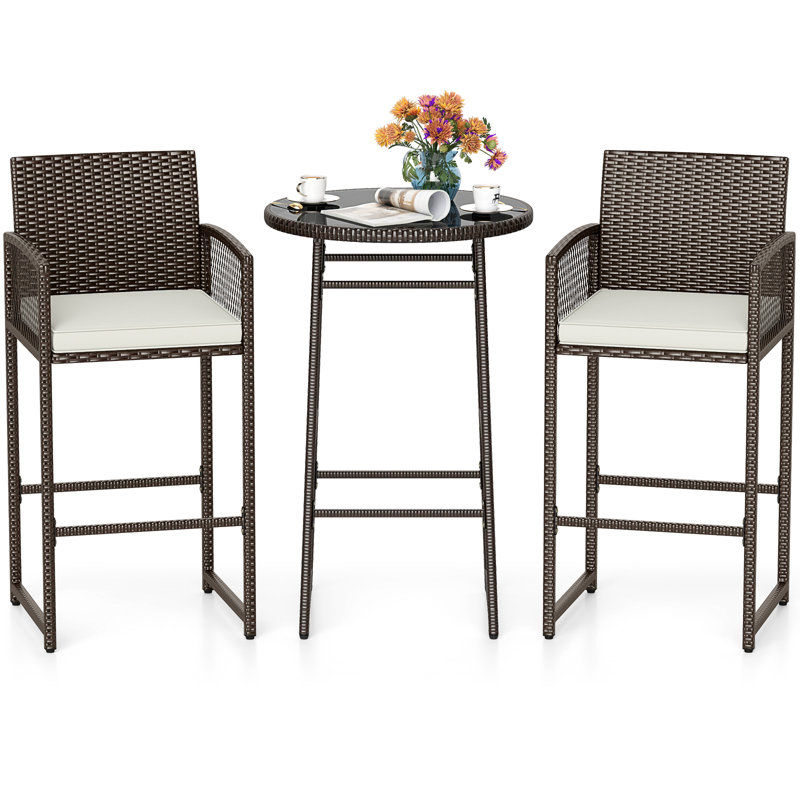  3 Piece Wicker Patio Bar Set w/ 2 Seat Cushions Glass Tabletop for Backyard