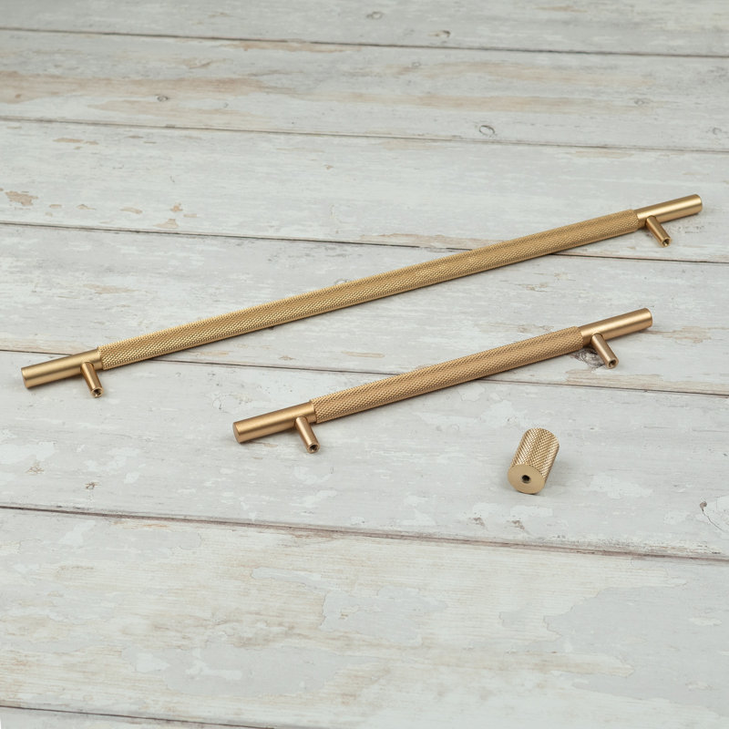 Knurled Bar Cabinet Handles & Coordinating Button Knob in Multiple Finish Variations, Brass, 320mm Handle