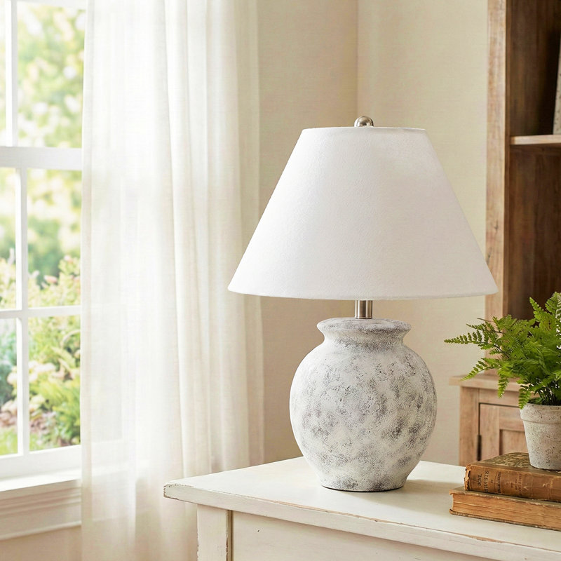 2 Set 21 Inch Distressed Ceramic Table Lamp with White Empire Shade, Hand-Finished Base, Living Rooms Bedrooms Home Decor