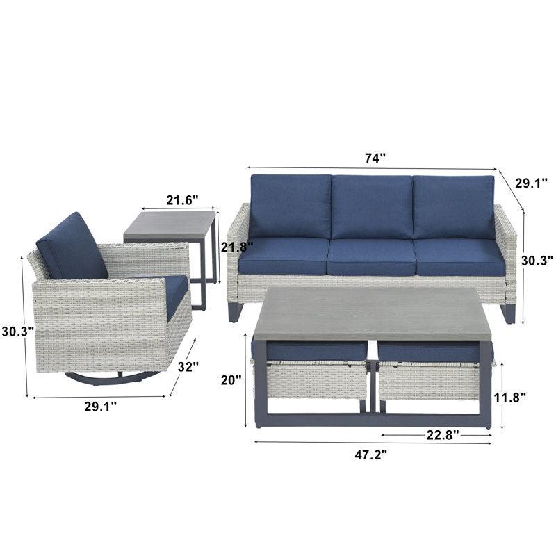 Ingvald Wicker 5 - Person Patio Conversation Set with Cushions, Dark Blue