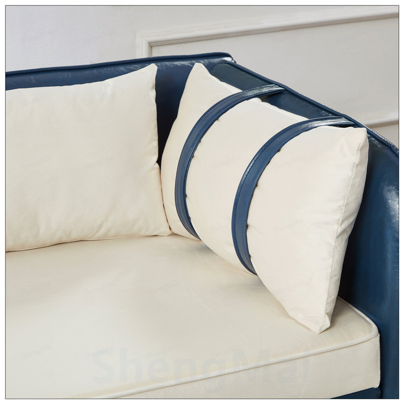 Canapé en PU et velours avec dossier confortable et grand compartiment caché, Navy, Beige Velvet