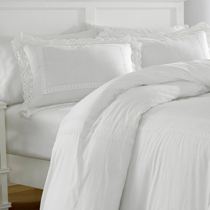 Laura Ashley Annabella Solid Crocheted White Cotton Comforter Set, Full/Queen Comforter + 2 Shams