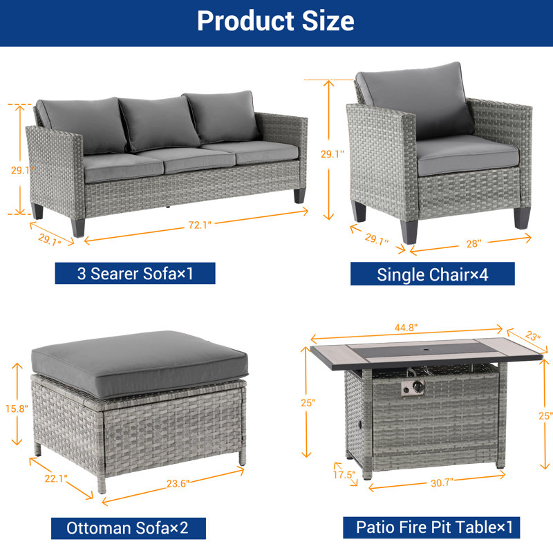 Ensemble 8 pièces de canapés de patio avec table de foyer 45 po, osier en rotin PE pour terrasse, patio et cour, Gris, Gris
