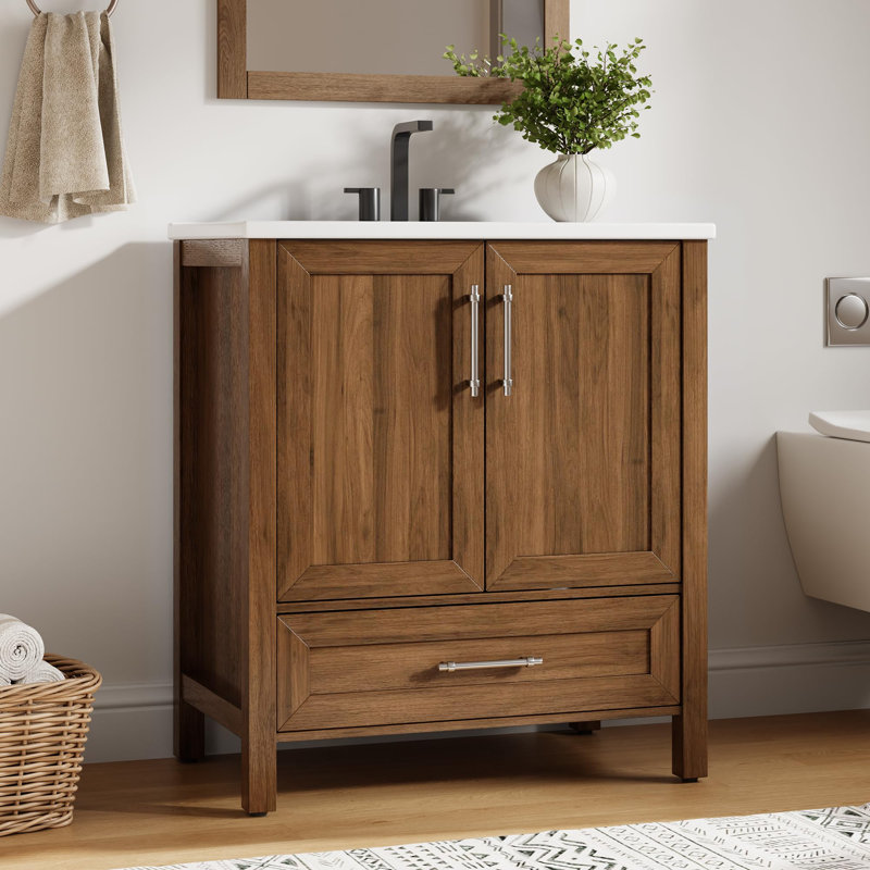 Bathroom Vanity with Ceramic Basin, Bathroom Storage Cabinet with Drawer and 2 Soft Closing Doors, Dark Brown, 30"