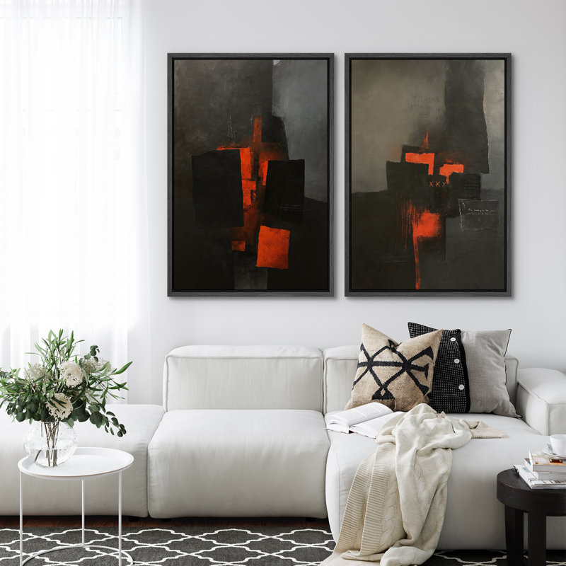Art mural abstrait, ensemble de 2 reproductions d'art encadrées sur toile, H 24 po x l 32 po, Noir