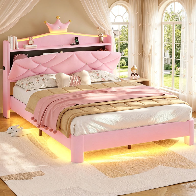 Lit plateforme tapissier en velours avec mobilier de chambre à coucher pour enfants Crown, Double, Rose