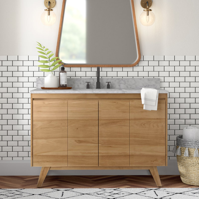 Saeko 48" Single Bathroom Vanity with Carrara Marble Top, Natural Teak