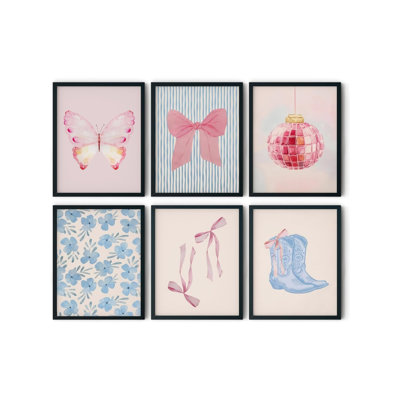 Art mural aquarelle rose doux et bleu, paquet de 6 encadré noir, 8 x 10 pouces, pour chambre à coucher et chambre de bébé