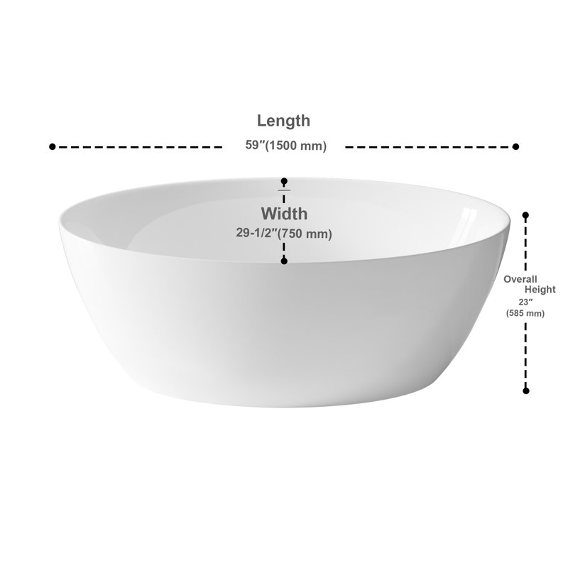 Dowell 59.1'' x 29.5'' Gloss White Acrylic Oval Freestanding Soaking Bathtub - 75-Gallon Deep Soak with Center Drain