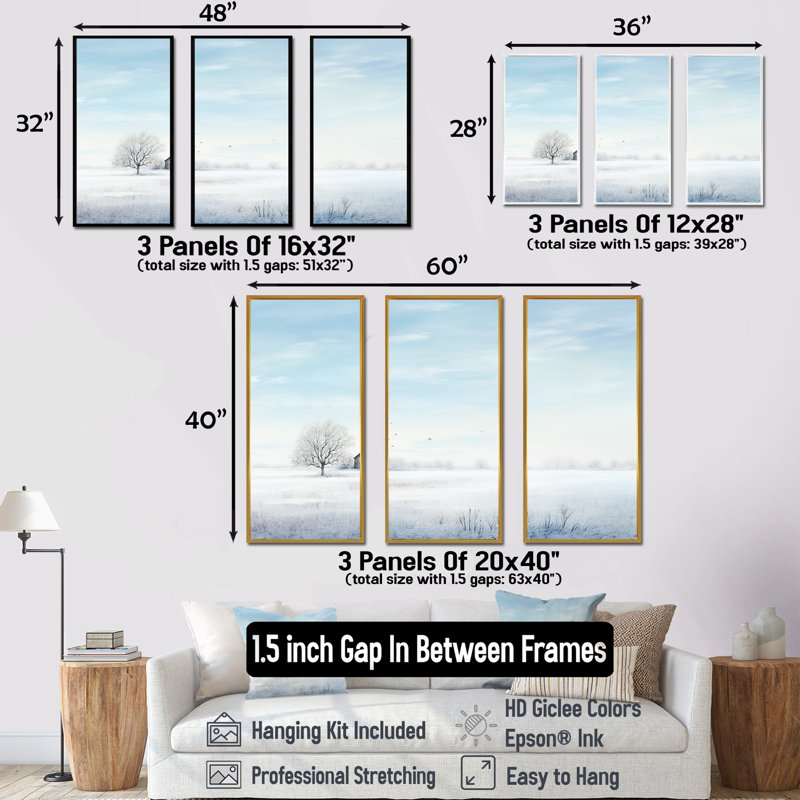 Paysage d'hiver «Minimalisme», ensemble d'art mural paysage d'hiver, H 40 po x l 60 po x P 1 po, Cadre flottant blanc