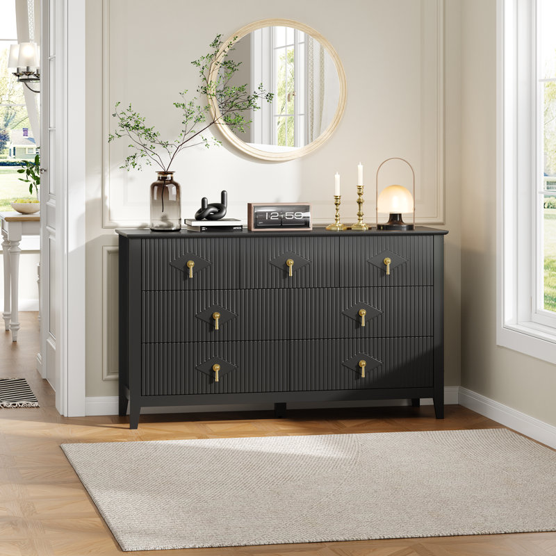 Dresser for Bedroom with 7 Drawers, 54" Wide Modern Chest of Drawers with Metal Handle, Dresser TV Stand, Black