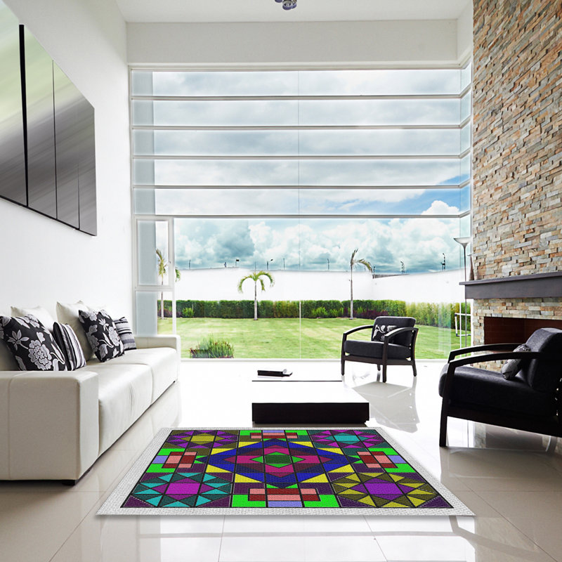 Tapis rouge / vert / mauve, Carré 5 pi