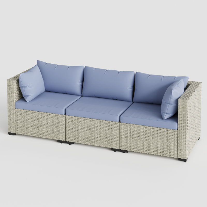 Canapé de patio en rotin avec coussins 3 pièces, Bleu brume