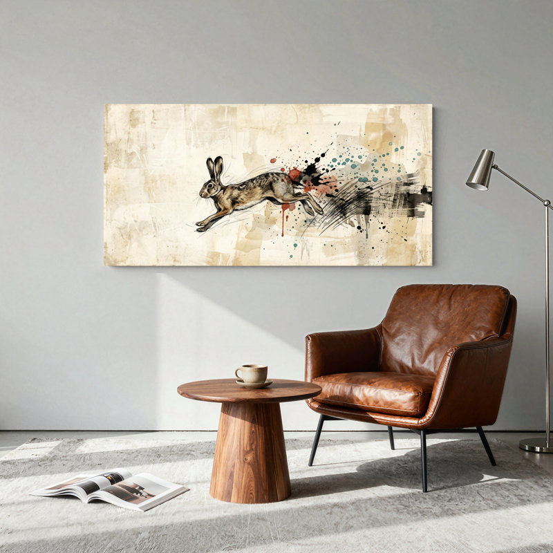 Ensemble de 1 tableau sur toile représentant un lièvre courant, L 58 po x H 28 po, Toile tendue