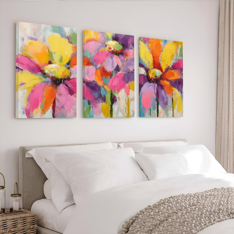 Ensemble de 3 toiles abstraites florales aux couleurs vives, H 30 po x l 60 po