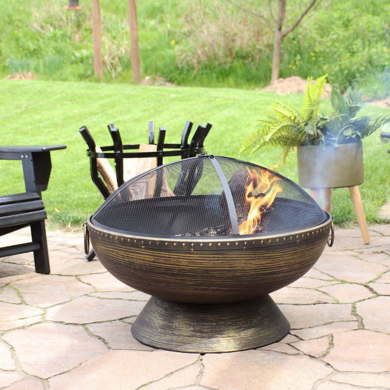  30" Wood-Burning Black Finish Steel Fire Pit Bowl with Screen, Grate, and Poker