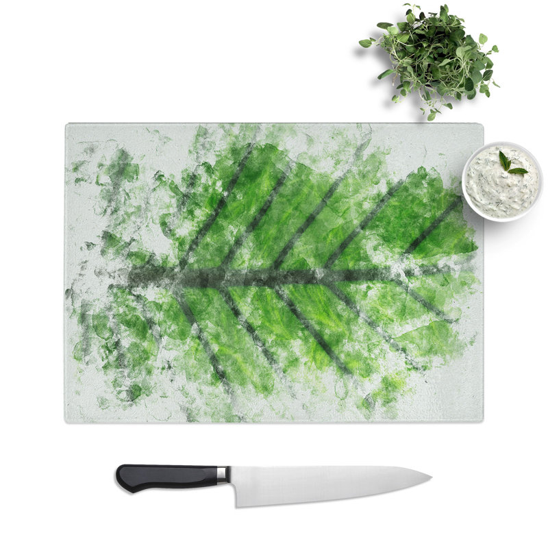 Tempered Glass Green Leaf Lines Chopping Board, 20 cm x 28.5 cm