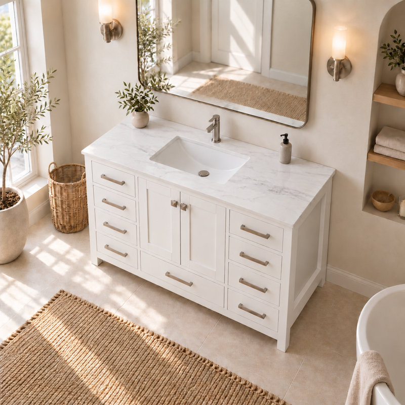 Anvay 48 in. Single Sink Freestanding Bath Vanity in Matte White with Carrara Quartz Top, Matte White, Quartz White