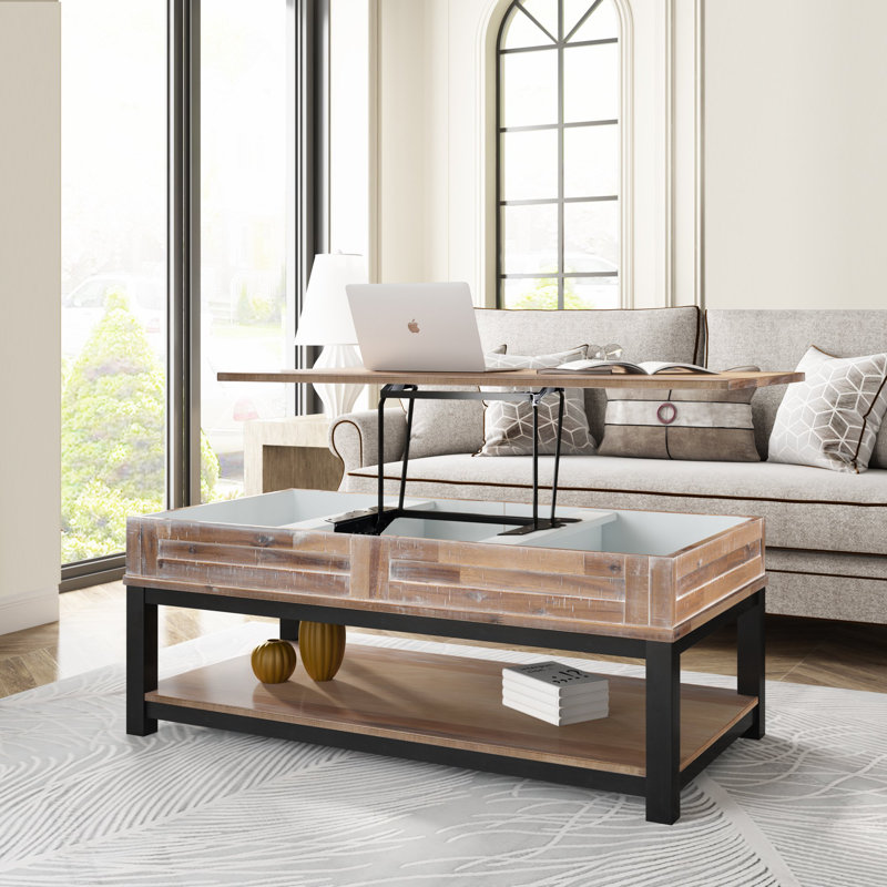 Table basse à plateau relevable avec rangement et tablette, Marron