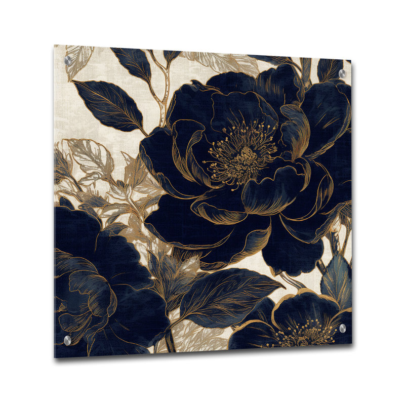 Blue Gold Peony Celebration I - Art mural en acrylique pivoines pour le salon, H 16 po x l 16 po