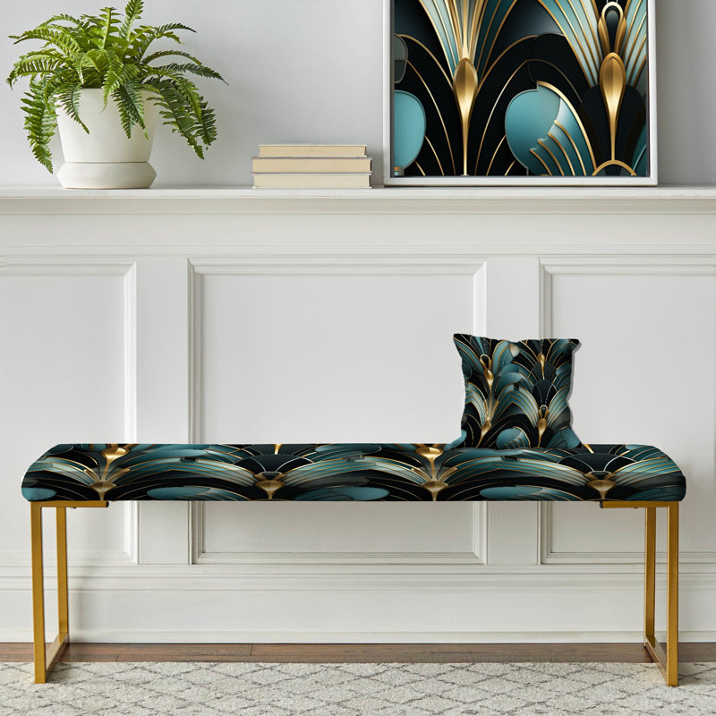 Banc rembourré or, Damas émeraude et or, motif Art déco