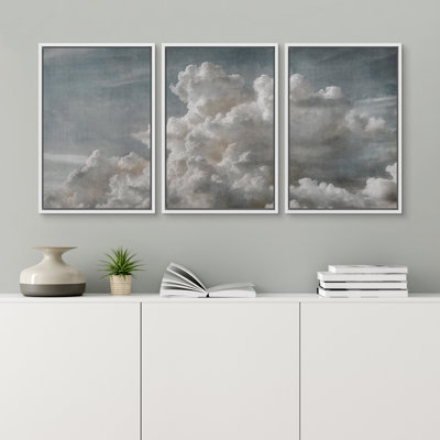 Gray Clouds Sky Artwork Vintage Classic Minimalist Relax And Calm Living Room Wall Decor 3 Pieces