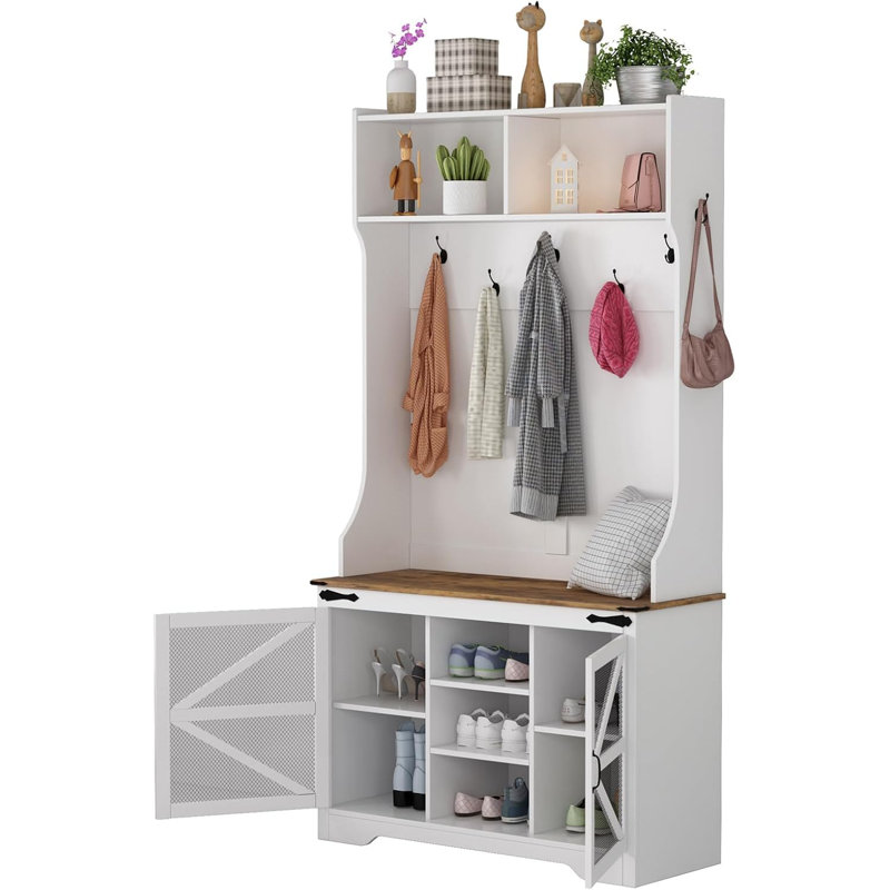 Hall Tree with Bench and Shoe Storage, 4-in-1 Farmhouse Entryway Coat Rack with 7 Coat Hooks & 7 Shoe Cubbies, Hallway Shoe Bench with Storage, 42" W x 15.7" D x 77" H, White