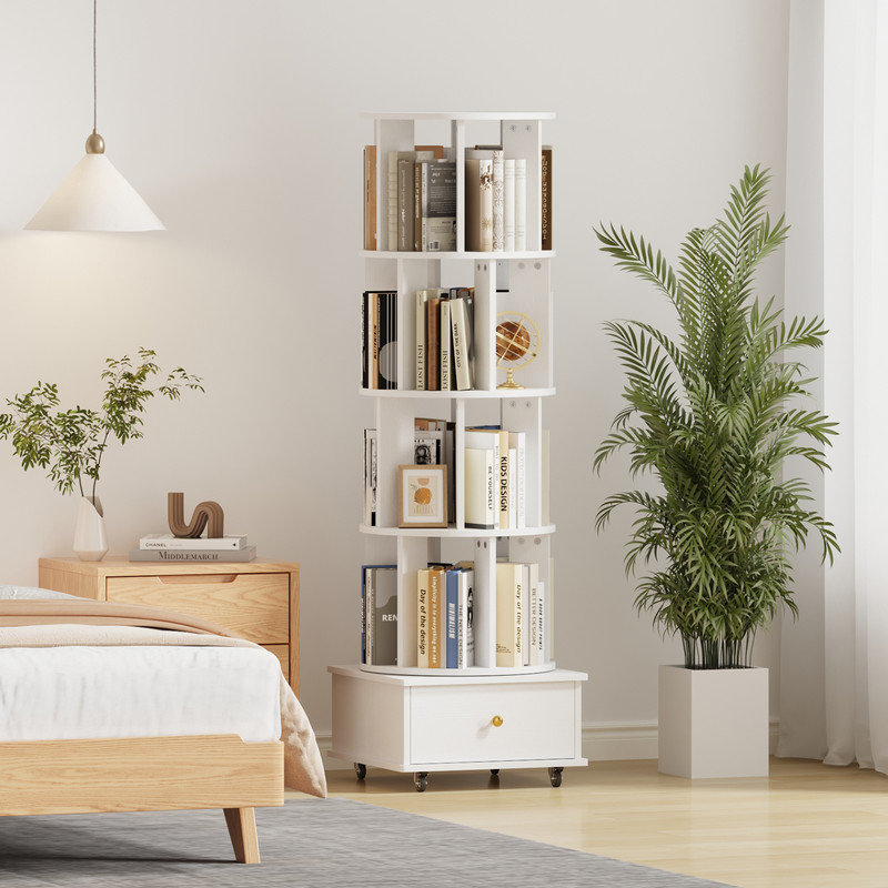 4-Tier Rotating Bookcase with Wheels and Drawers, 360° Swivel Corner Bookshelf, Solid Wood Storage Tower with Lockable Casters, Narrow Spinning Organizer for Living Room, Bedroom(White)