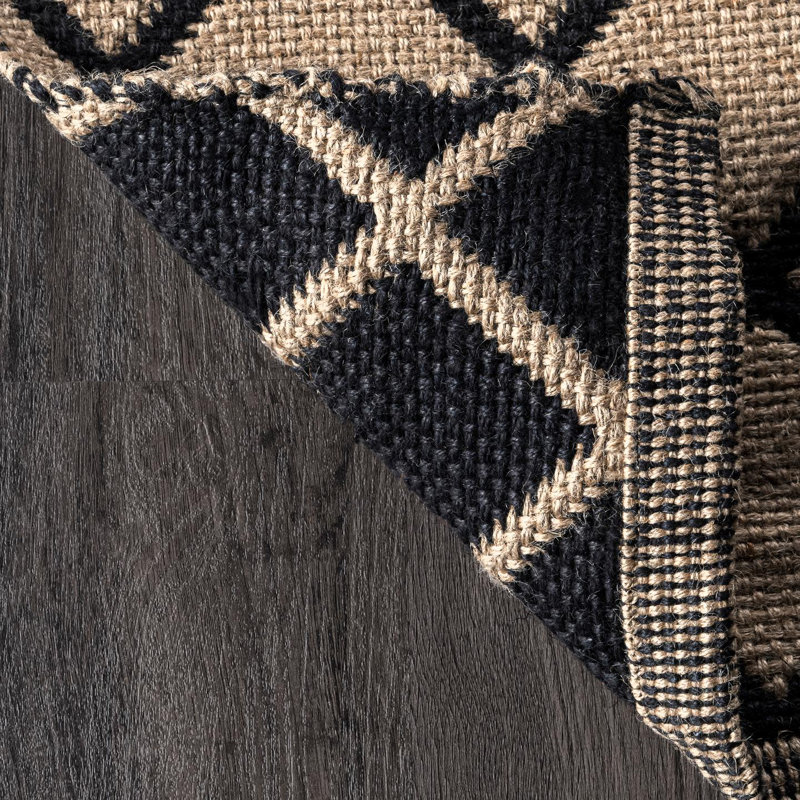Southwestern Beige and Black Handwoven Jute Rug with Medallion Pattern