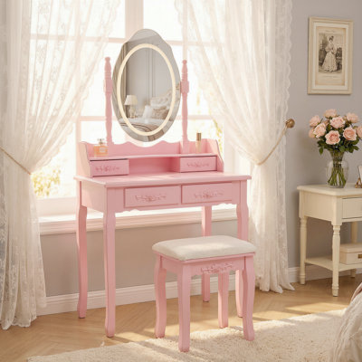 Pink Princess Vanity Desk Set with Mirror & Cushioned Stool,Light Modes,4-Drawer Wooden Makeup Vanity Table for Bedroom, Dressing Table with Ample Storage