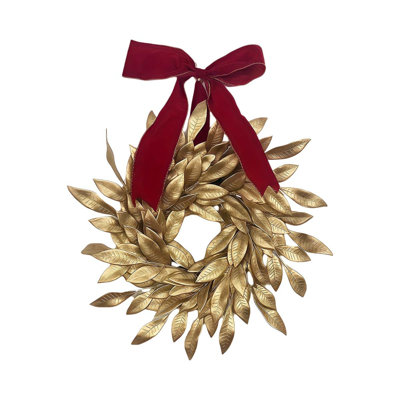 Couronne de Noël artificielle feuilles d'or couronne avec un arc rouge 15,7 pouces couronne de Noël pour porte d'entrée fenêtre de fenêtre murale escalier décoration de chambre décorations de Noël fournitures de fête