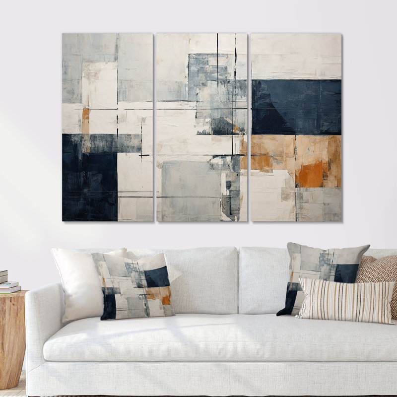 Abstrait bleu beige route collage I - ensemble de salon abstrait, Toile tendue, H 40 po x l 60 po x P 1 po