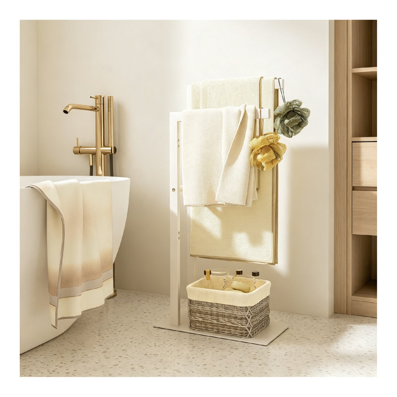 2-Tier Freestanding Towel Rail, Heavy Duty Metal Towel Rack with Bottom Shelf, Floor Standing Towel Drying & Display Stand for Bathroom, Pool and Bedroom