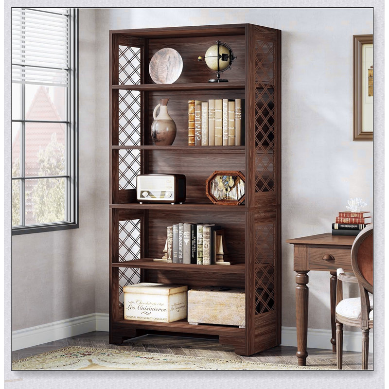Bibliothèque vintage Mid-Century à 6 niveaux avec design en X, rangement durable et élégant pour la maison et le bureau