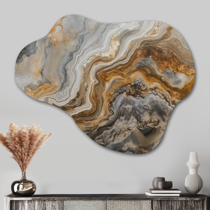 Or et gris, effet de marbre II - art mural en métal asymétrique en marbre, impression sur métal or nuage, H 27 po x l 35 po