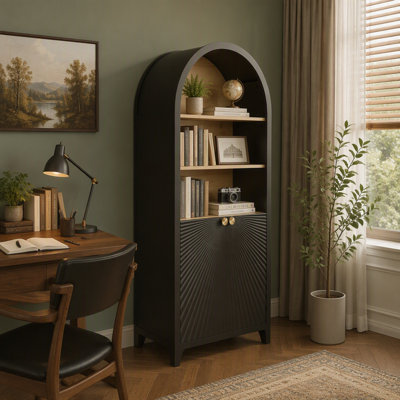 Bibliothèque cintrée de 155 cm de haut avec porte, style moderne du milieu du siècle, à 5 niveaux, noire