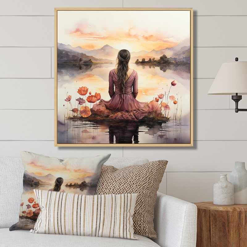 Meditation Serenity By The Lake 3 - Art mural méditation, Cadre flottant brun, H 36 po x l 36 po