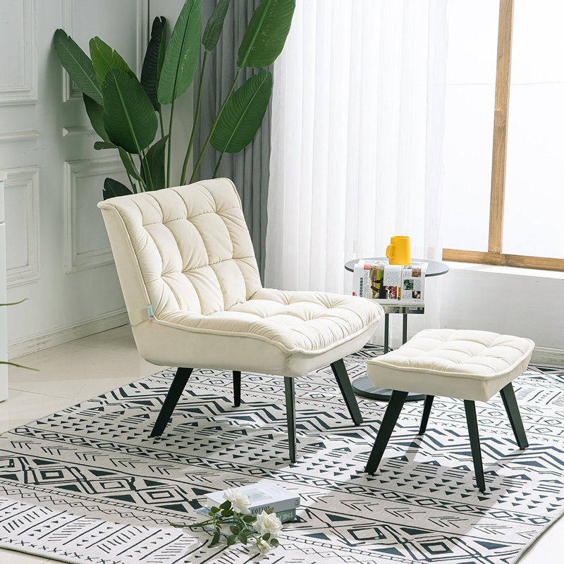 Bayaud Velvet Accent Chair with Footstool, Beige