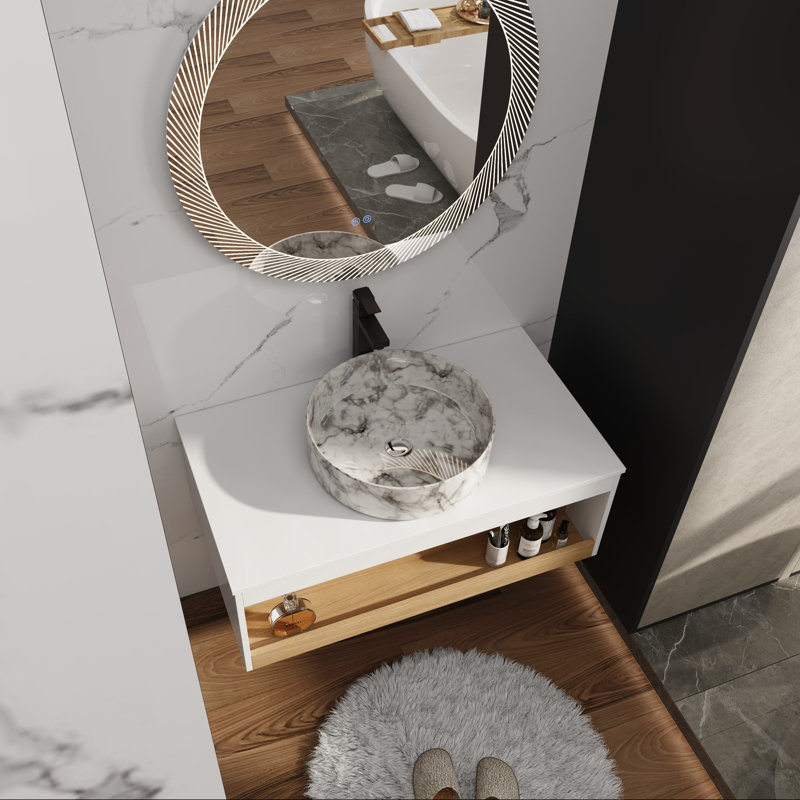 Meuble-lavabo mural 36 po avec lavabo rond et rangement ouvert, Marble White