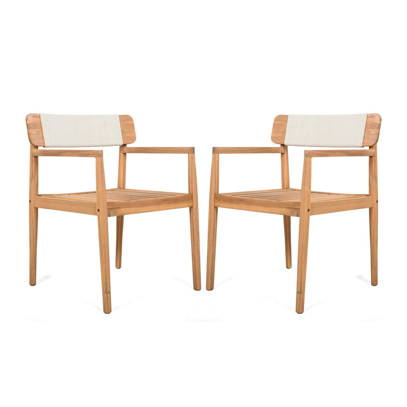 Creative Braided Acacia Wood Outdoor Dining Table and Chairs with Armrests, Suitable for Outdoor Dining and Leisure Places, Teak Look & White Rope, Set of 2