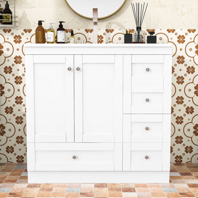  Meuble-lavabo en bois avec lavabo en céramique, portes et tiroirs de rangement