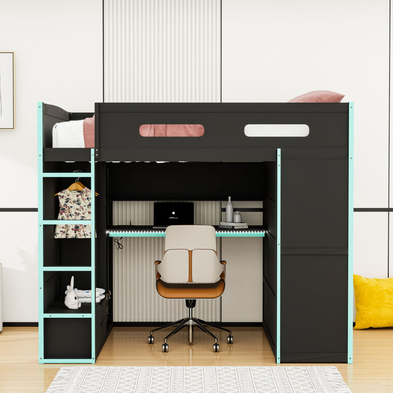 Full Wood Loft Bed With Desk, Storage Shelves, Wardrobe, USB Port And LED Light, Cloud Blue