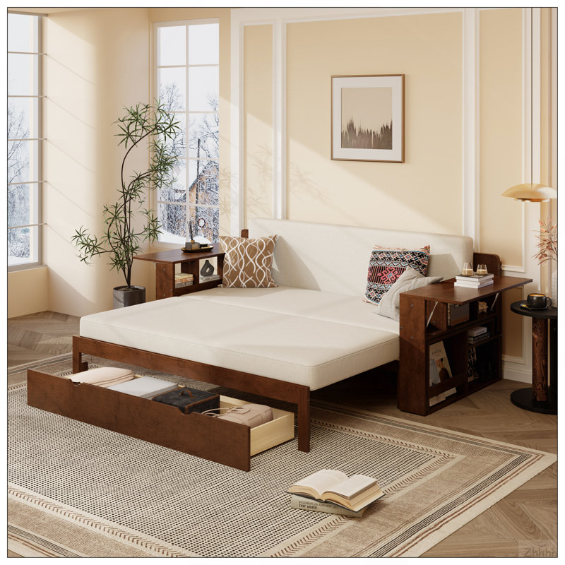 Grand lit de jour avec bureau amovible, tiroirs de rangement et table d'appoint hydraulique, espresso, Espresso