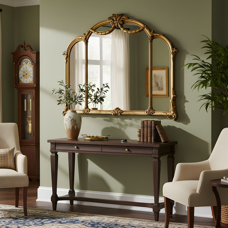 Arch Antique Ornate Wall Mirror with Baroque Metal Frame,Vintage Mirror for Fireplace or Entryway Decor,48x39 inch, Vintage Gold