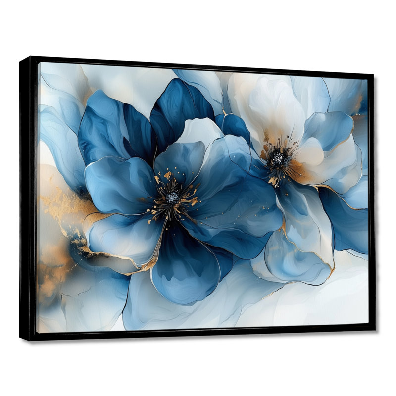 Velours blanc, bleu, chrysanthèmes, rivière à encre I - art mural Apple Blossom, H 30 po x l 40 po, Noir, noir, noir, noir