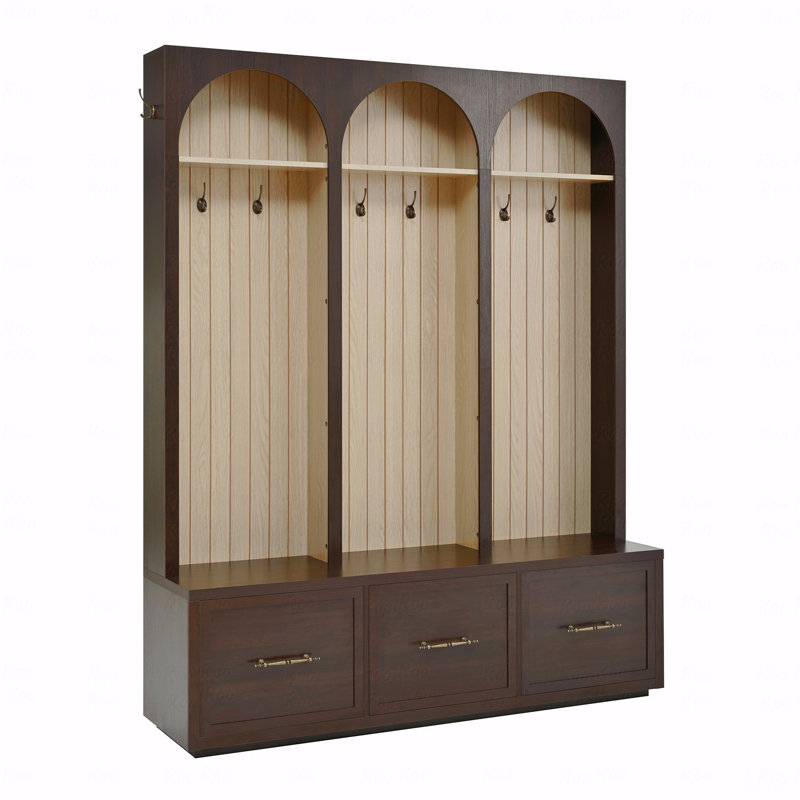 Wooden Style Finish Hall Tree With Storage Function Rack With Arched Design, Elegant Design 59" Width For Entryway Use Bench With 8 Retro Style Hooks, Rustic Style With Coat Rack And  Shoe Organizer With 3 Drawer Storage