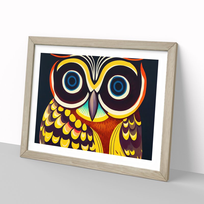 XH1022-6537X Owl Art Retro Vol.6 - Single Picture Frame Print, 46cm H x 64cm W x 2cm D, Oak