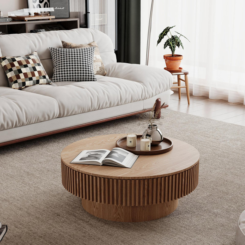 31.5'' Round Coffee Table With Storage Solid Wood Veneered Modern Coffee Table Accent Tea Table For Living Room, Bedroom, Apartment Or Office, Natural Wood